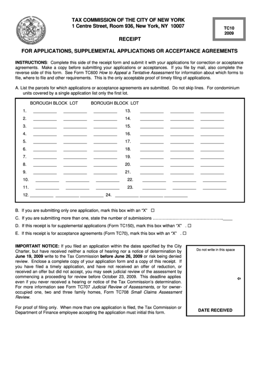 Form Tc10 - For Applications, Supplemental Applications Or Acceptance Agreements - 2009 Printable pdf