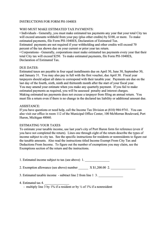 Instructions For Form Ph-1040es - Estimated Tax Payments Printable pdf