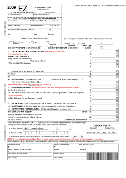 Fillable Form 200-03 Ez - Delaware Individual Resident Income Tax Return - 2009 Printable pdf