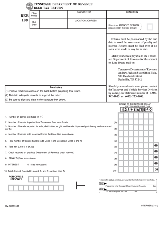 Form Ber 108 - Tennessee Department Of Revenue Beer Tax Return July 2011 Printable pdf
