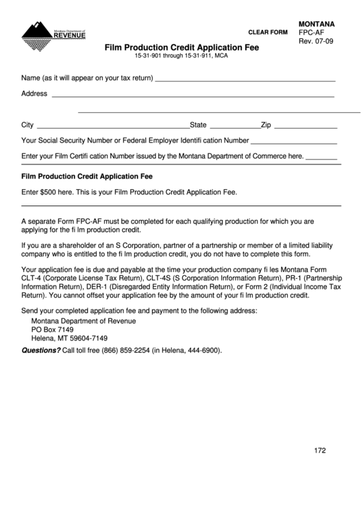 Fillable Montana Form Fcp-Af - Film Production Credit Application Fee Printable pdf