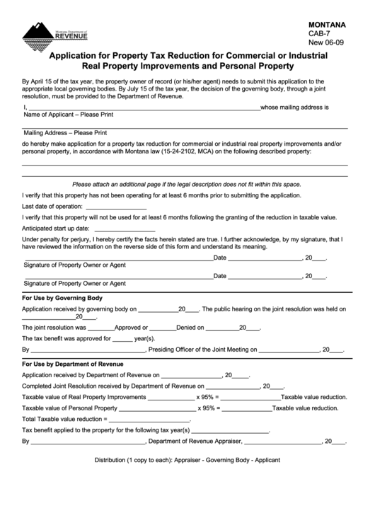 Form Cab-7 - Application For Property Tax Reduction For Commercial Or Industrial Real Property Improvements And Personal Property Printable pdf