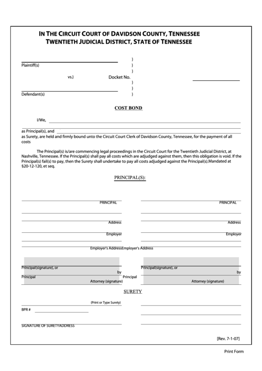Fillable Tennessee Cost Bond Form July 2007 Printable pdf