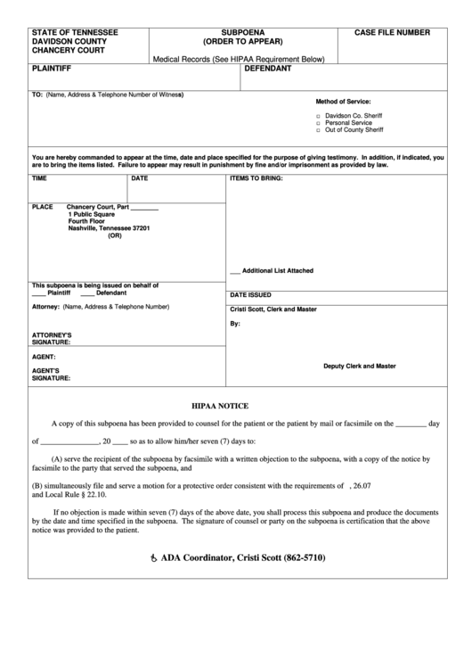 Subpoena (Order To Appear) - Return On Service Form Printable pdf