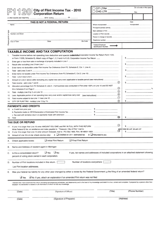 Form F1120 - City Of Flint Income Tax - 2010 Corporation Return Printable pdf
