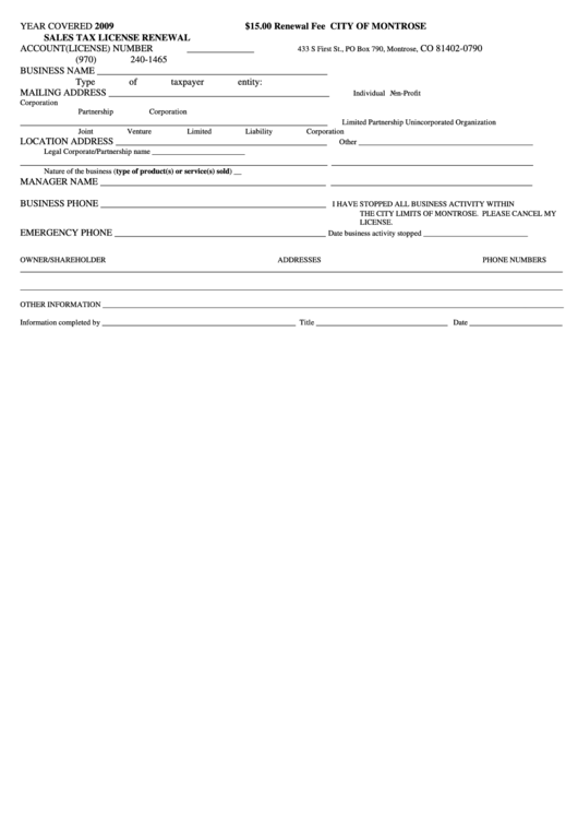 City Of Montrose Sales Tax License Renewal - 2009 Printable pdf