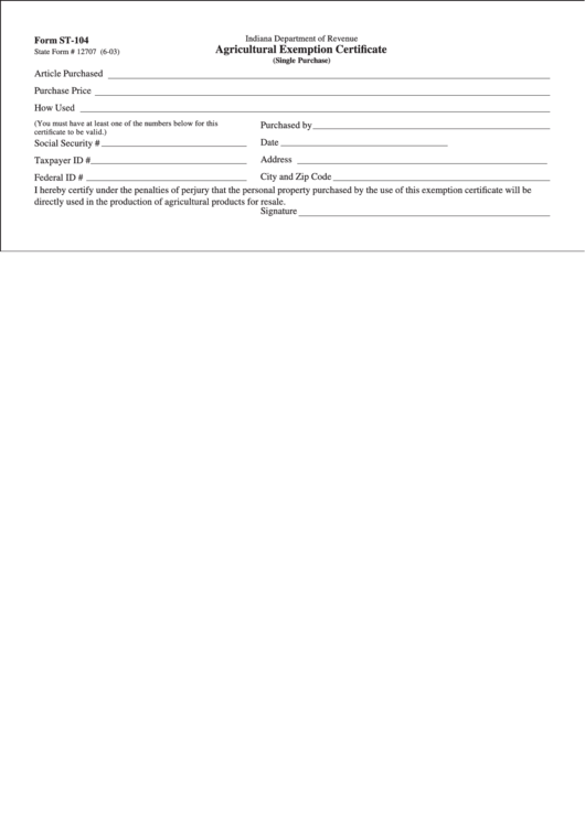 Form St-104 - Agricultural Exemption Certificate - 2003 Printable pdf