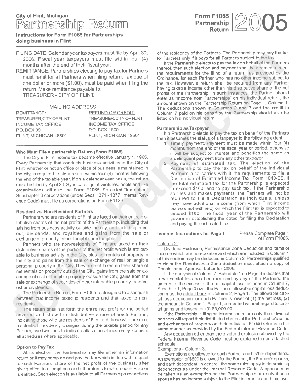 Instructions For Form F1065 - City Of Flint Income Tax- Partnership Return - 2005