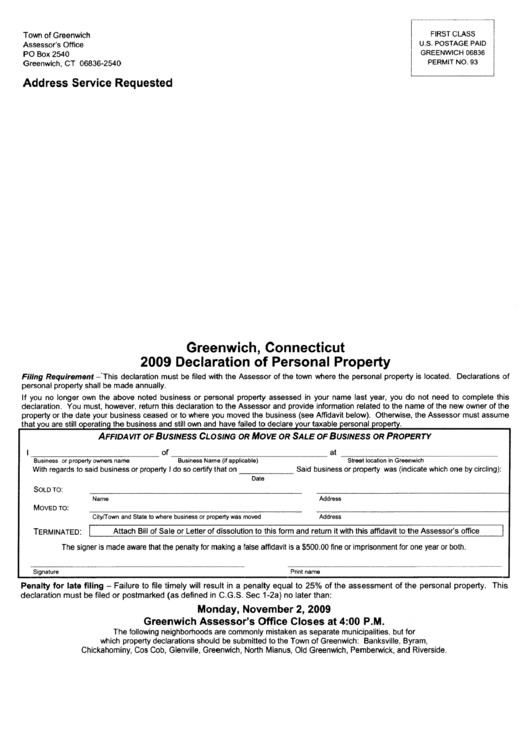 Greenwich, Connecticut 2009 Declaration Of Personal Property printable pdf download