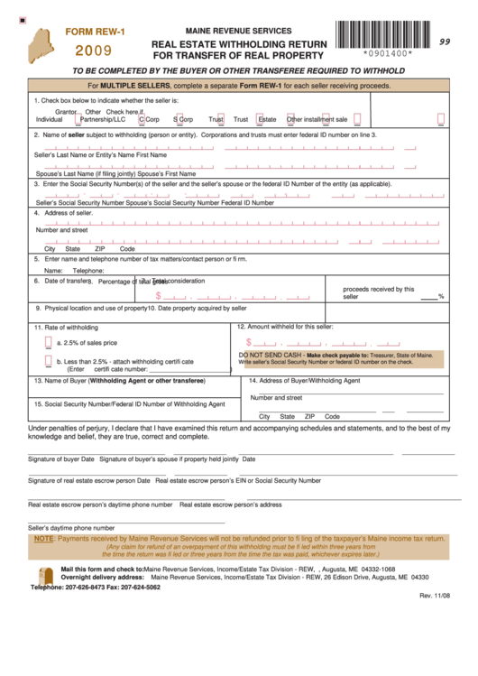 Form Rew-1 - Real Estate Withholding Return For Transfer Of Real Property - 2009 Printable pdf