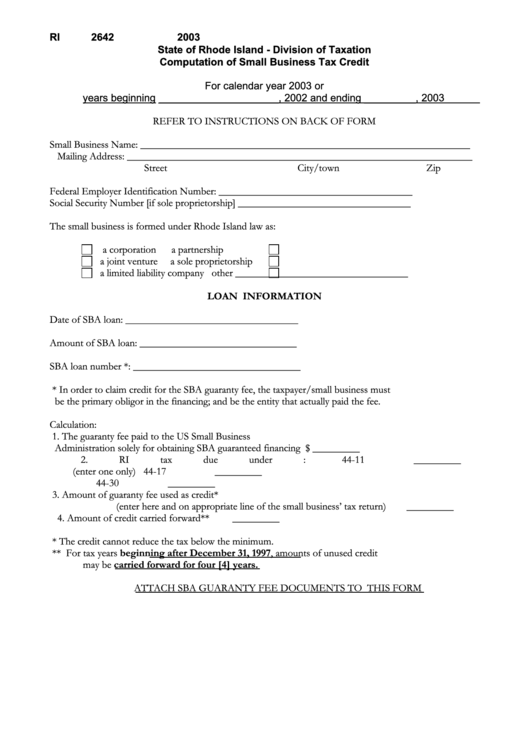 Form Ri-2642 - Computation Of Small Business Tax Credit - 2003 Printable pdf