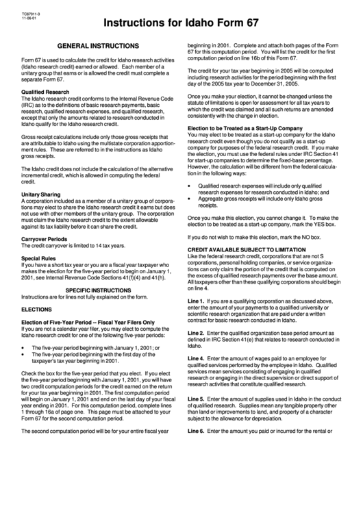 Instructions For Idaho Form 67 Printable pdf