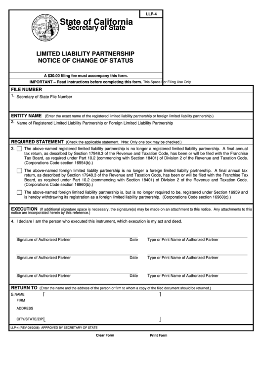 Fillable Form Llp-4 - Limited Liability Partnership Notice Of Change Of Status - State Of California Secretary Of State Printable pdf