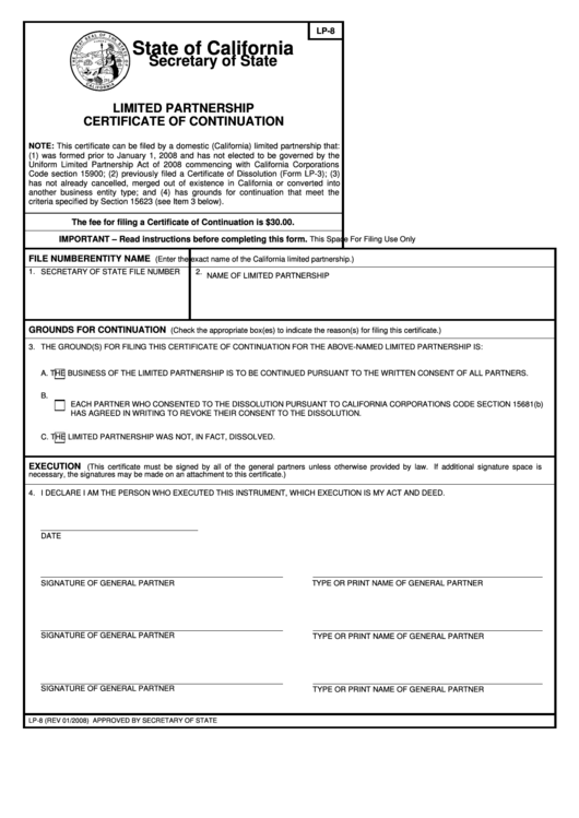 Fillable Form Lp-8 - Limited Partnership Certificate Of Continuation - State Of California Secretary Of State Printable pdf