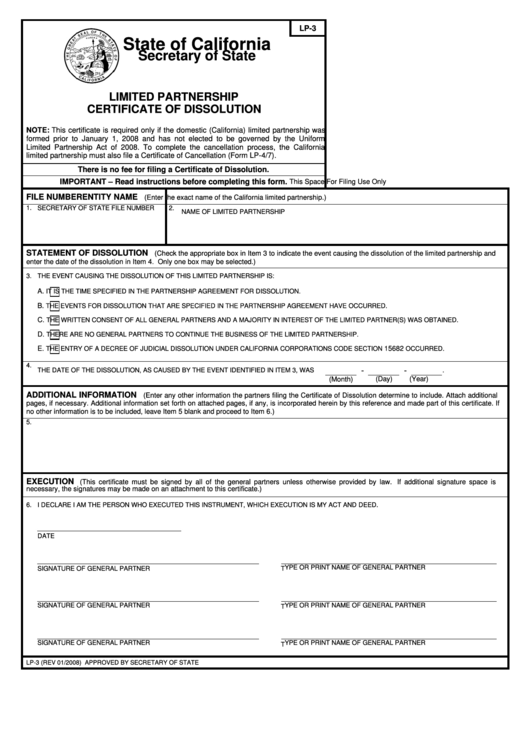 Fillable Form Lp-3 - Limited Partnership Certificate Of Dissolution - State Of California Secretary Of State Printable pdf