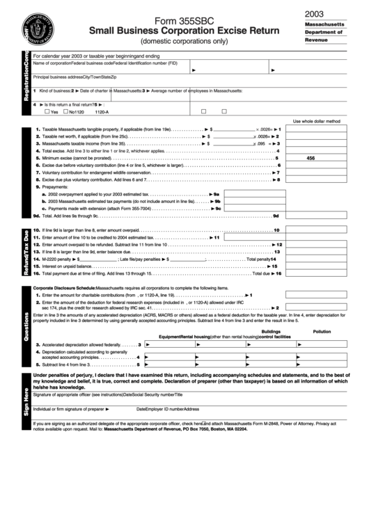 Form 355sbc - Small Business Corporation Excise Return - 2003 Printable pdf