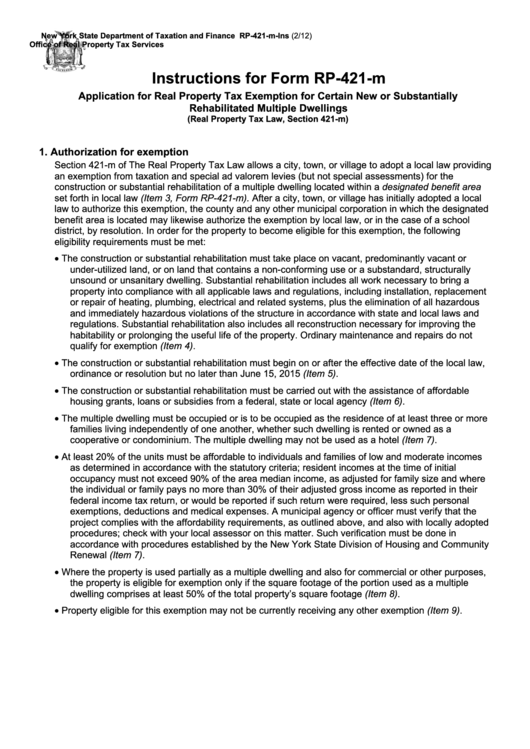 Instructions For Form Rp-421-M - Application For Real Property Tax Exemption For Certain New Or Substantially Rehabilitated Multiple Dwellings Printable pdf