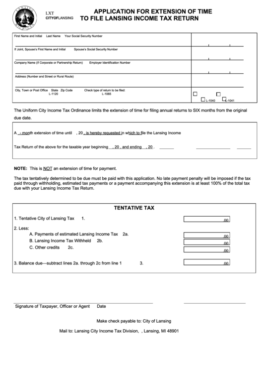 Application For Extension Of Time To File Lansing Income Tax Return Form Printable pdf