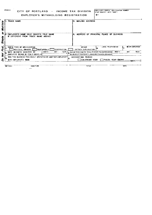 Form Pss4 - City Of Portland Income Tax Division Employer