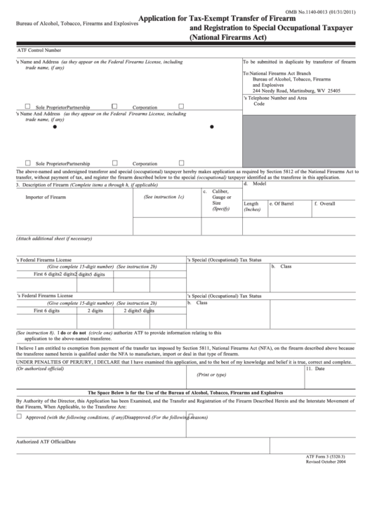 Atf Form 3 (5320.3) - Application For Tax-exempt Transfer Of Firearm And Registration To Special Occupational Taxpayer