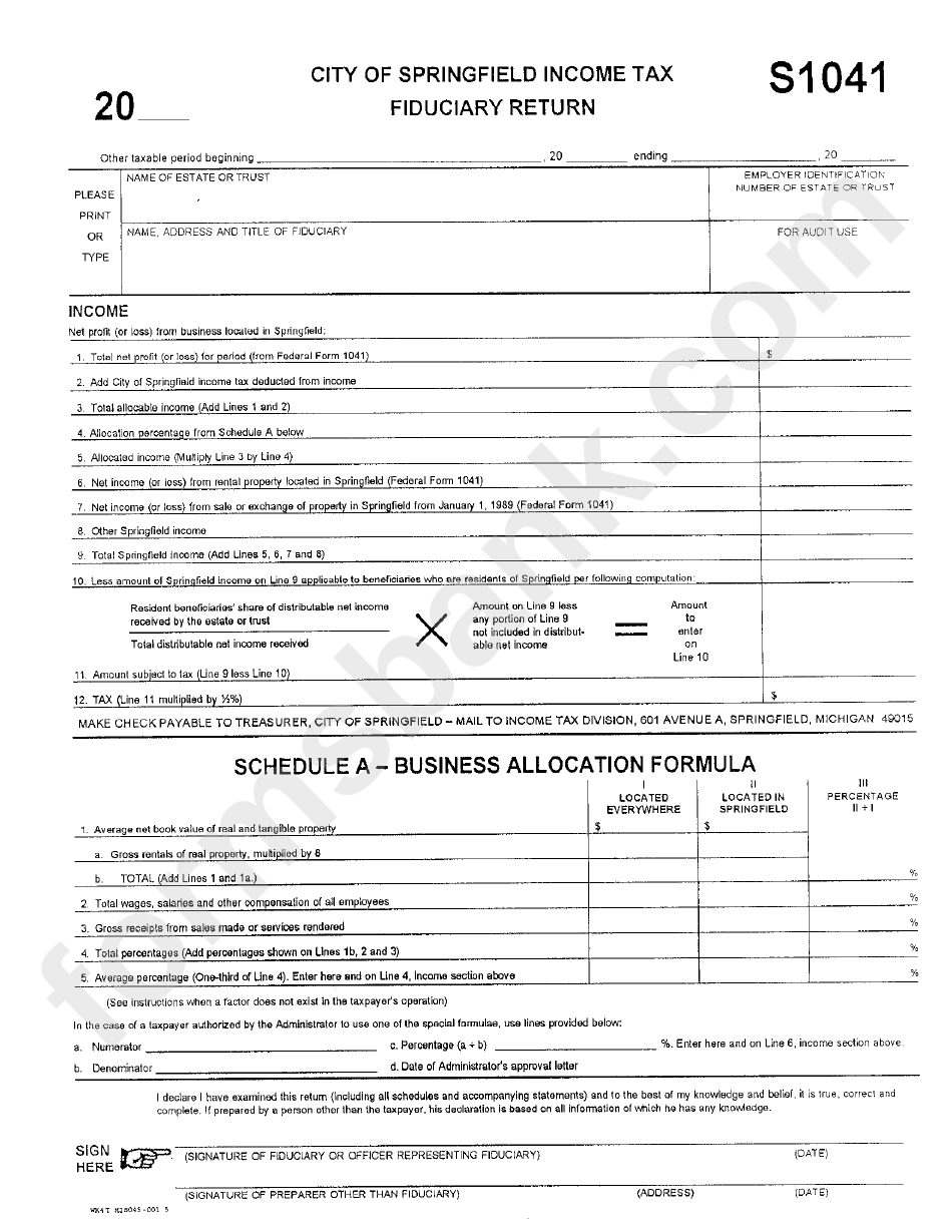 Form S1041 - City Of Springfield Income Tax Fiduciary Return