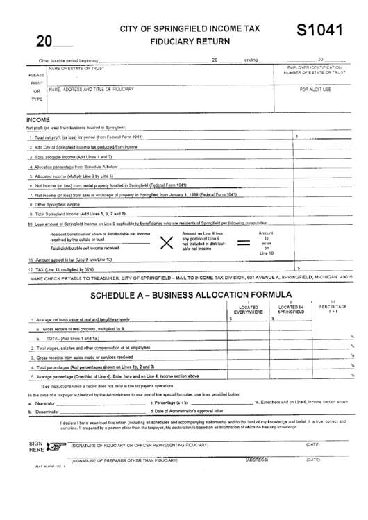 Form S1041 - City Of Springfield Income Tax Fiduciary Return Printable pdf