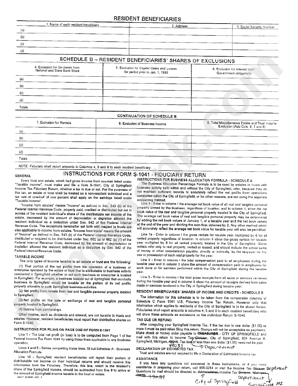 Form S1041 - City Of Springfield Income Tax Fiduciary Return