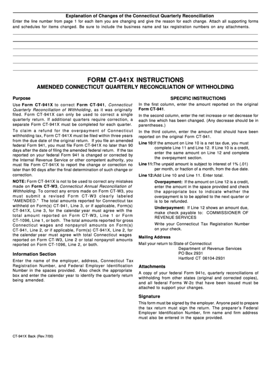 Form Ct-941x Instructions - Amended Connecticut Quarterly
