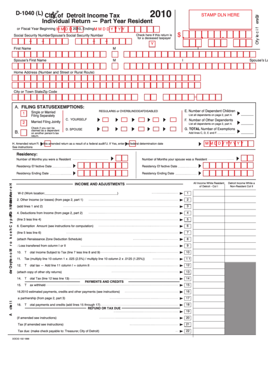 Form D-1040 (L) - City Of Detroit Income Tax Individual Return - Part Year Resident - 2010 Printable pdf