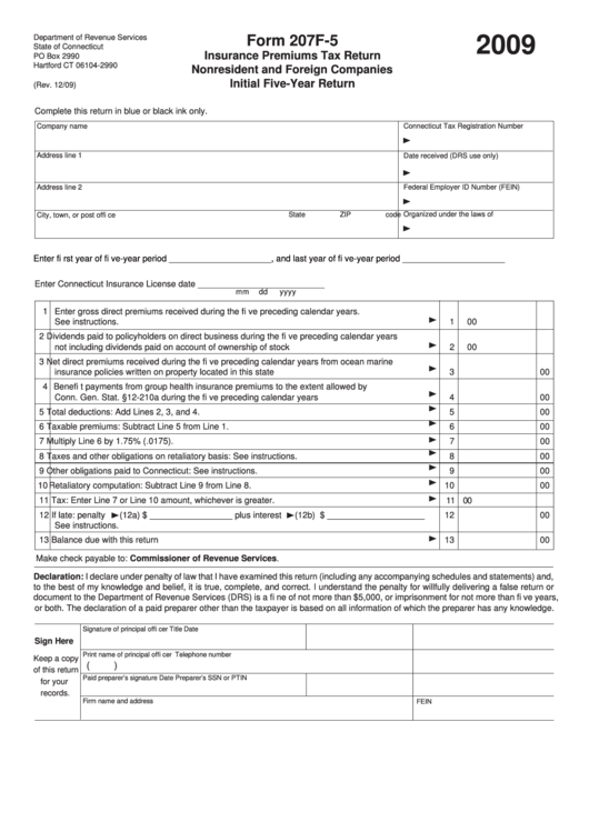 Form 207f-5 - Insurance Premiums Tax Return - Nonresident And Foreign Companies, Initial Five-Year Return - 2009 Printable pdf