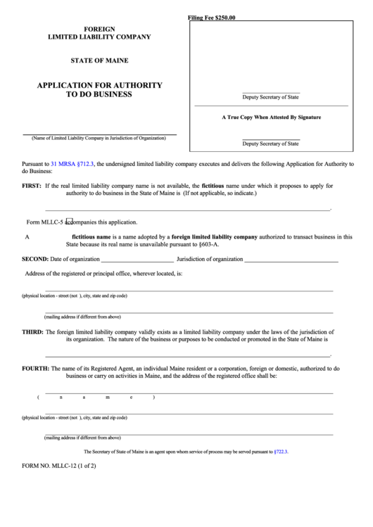 Fillable Form Mllc-12 - Application For Authority To Do Business Printable pdf