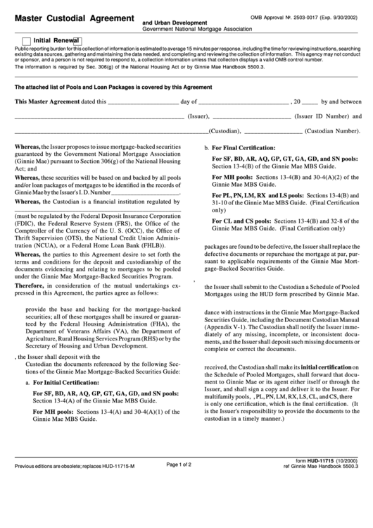 Fillable Form Hud-11715 - Master Custodial Agreement Printable pdf