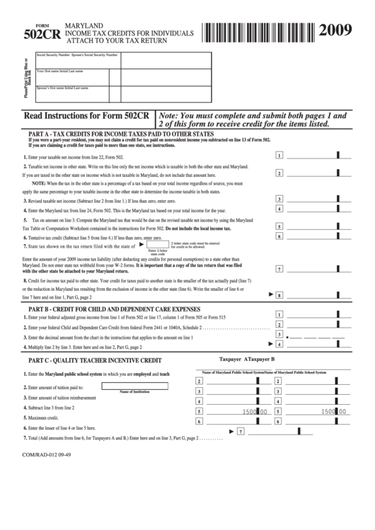 Fillable Form 502cr - Maryland Income Tax Credits For Individuals - 2009 Printable pdf