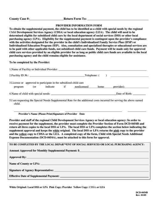 Fillable Form Dcd-0454b - Provider Information Form Printable pdf