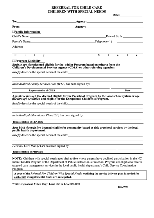 Fillable Form Dcd-0093 - Referral For Child Care Children With Special Needs Printable pdf