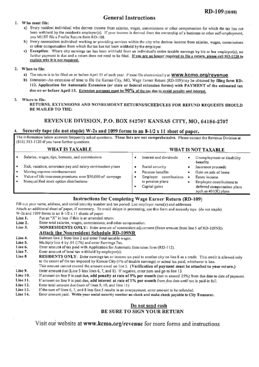 Instructions For Form Rd-109 - Wage Earner Return - 2008 Printable pdf
