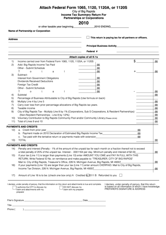 Income Tax Summary Return For Artnerships Or Corporations - City Of Big Rapids - 2010 Printable pdf