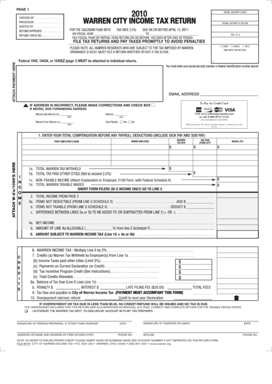 Income Tax Return Form - Warren City - 2010 Printable pdf