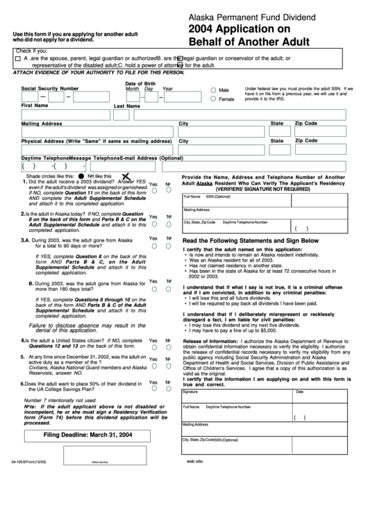 Form 04-100 B - Application On Behalf Of Another Adult - 2004 Printable pdf