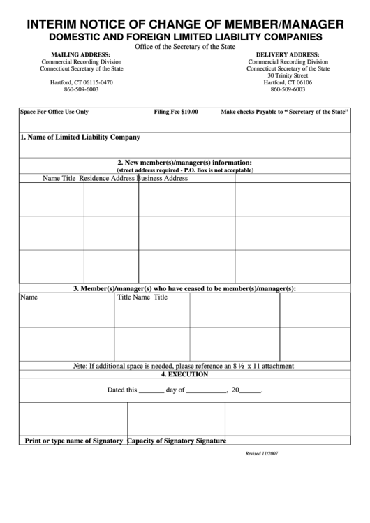 Interim Notice Of Change Of Member/manager - Secretary Of The State - Connecticut Printable pdf