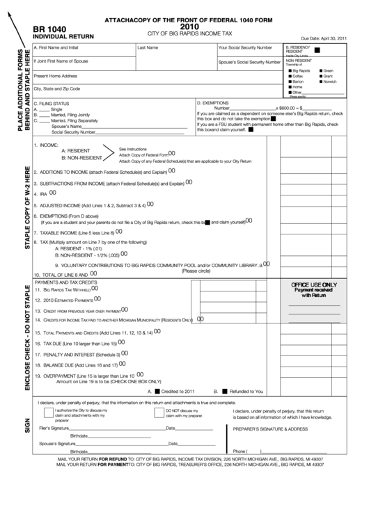 Form Br 1040 - Individual Return - City Of Big Rapids Income Tax - 2010 Printable pdf