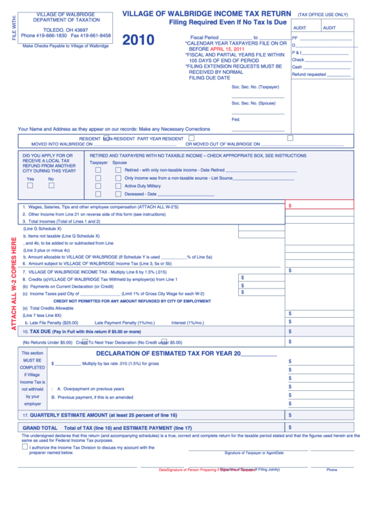 Village Of Walbridge Income Tax Return - 2010 Printable pdf