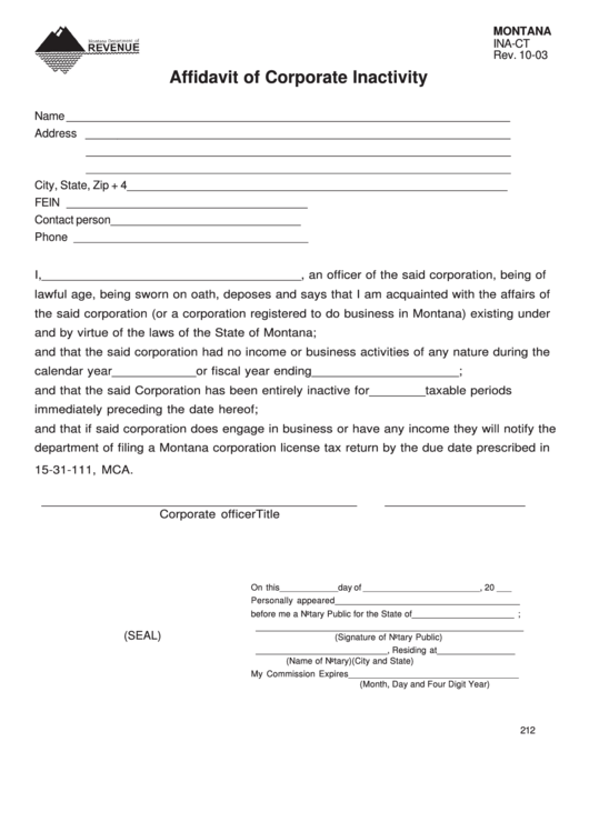 Form Ina-Ct - Affidavit Of Corporate Inactivity - 2003 Printable pdf