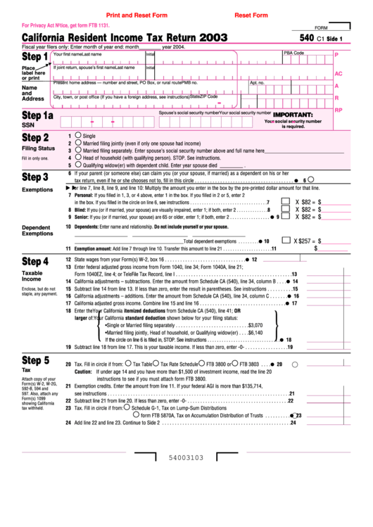 Fillable Form 540 California Resident Income Tax Return 2003 Printable Pdf Download