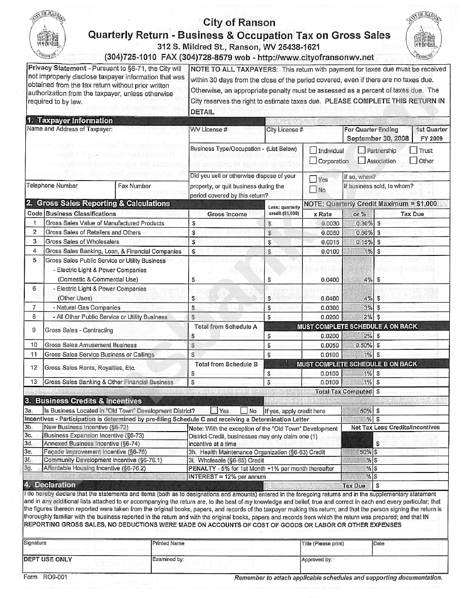 Form Ro9-001 - Quarterly Return - Business & Occupation Tax On Gross Sales - 2008