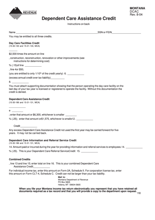 Form Dcac - Dependent Care Assistance Credit Printable pdf