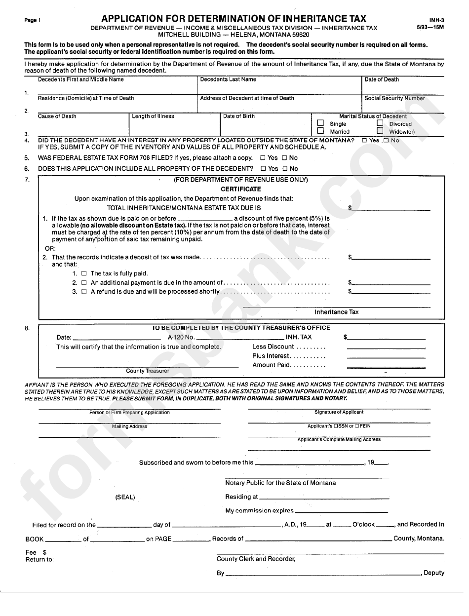 Form Inh-3 - Application For Determination Of Inheritance Tax - 1993