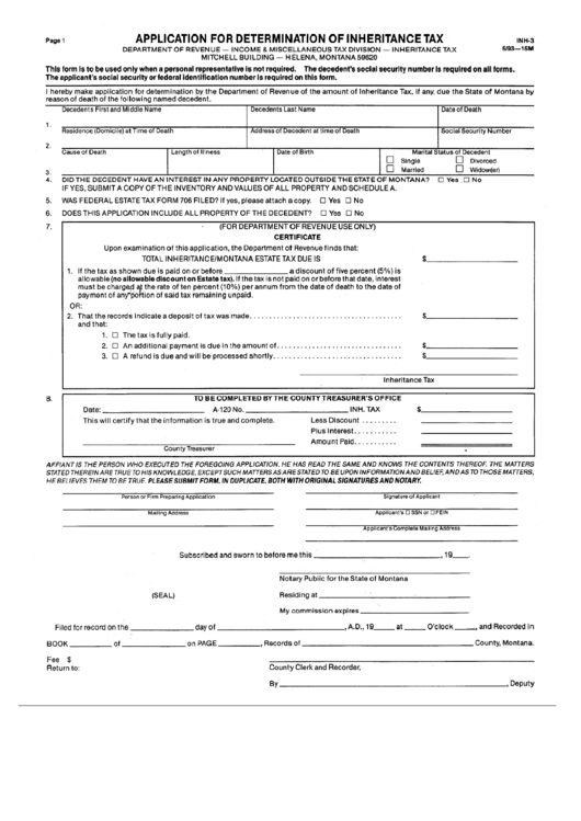 Form Inh-3 - Application For Determination Of Inheritance Tax - 1993 Printable pdf