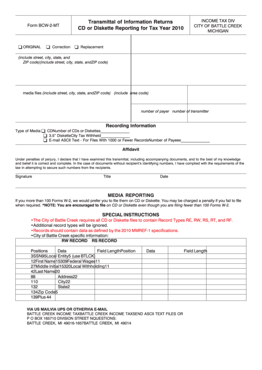 Form Bcw-2-Mt - Transmittal Of Information Returns Cd Or Diskette Reporting For Tax Year 2010 Printable pdf