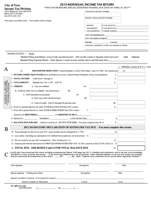2010 Individual Income Tax Return - City Of Troy Income Tax Division Printable pdf